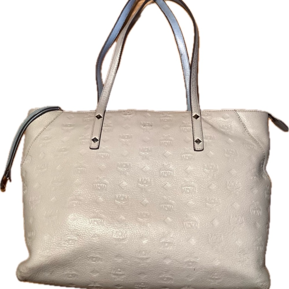 MCM Klara Zip Gray Leather Monogram Tote Shoulder Handbag Medium
